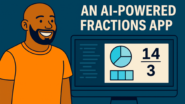 Illustration of a smiling person in an orange shirt next to a computer screen showing fractions and charts.