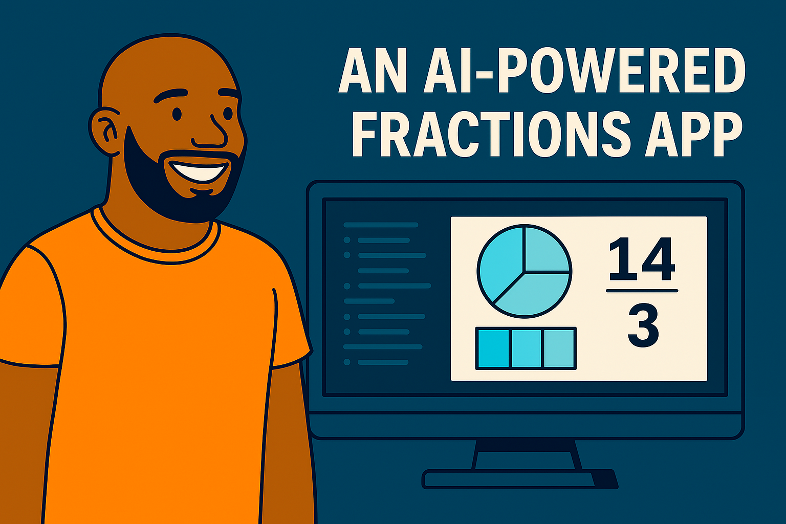 Illustration of a smiling person in an orange shirt next to a computer screen showing fractions and charts.